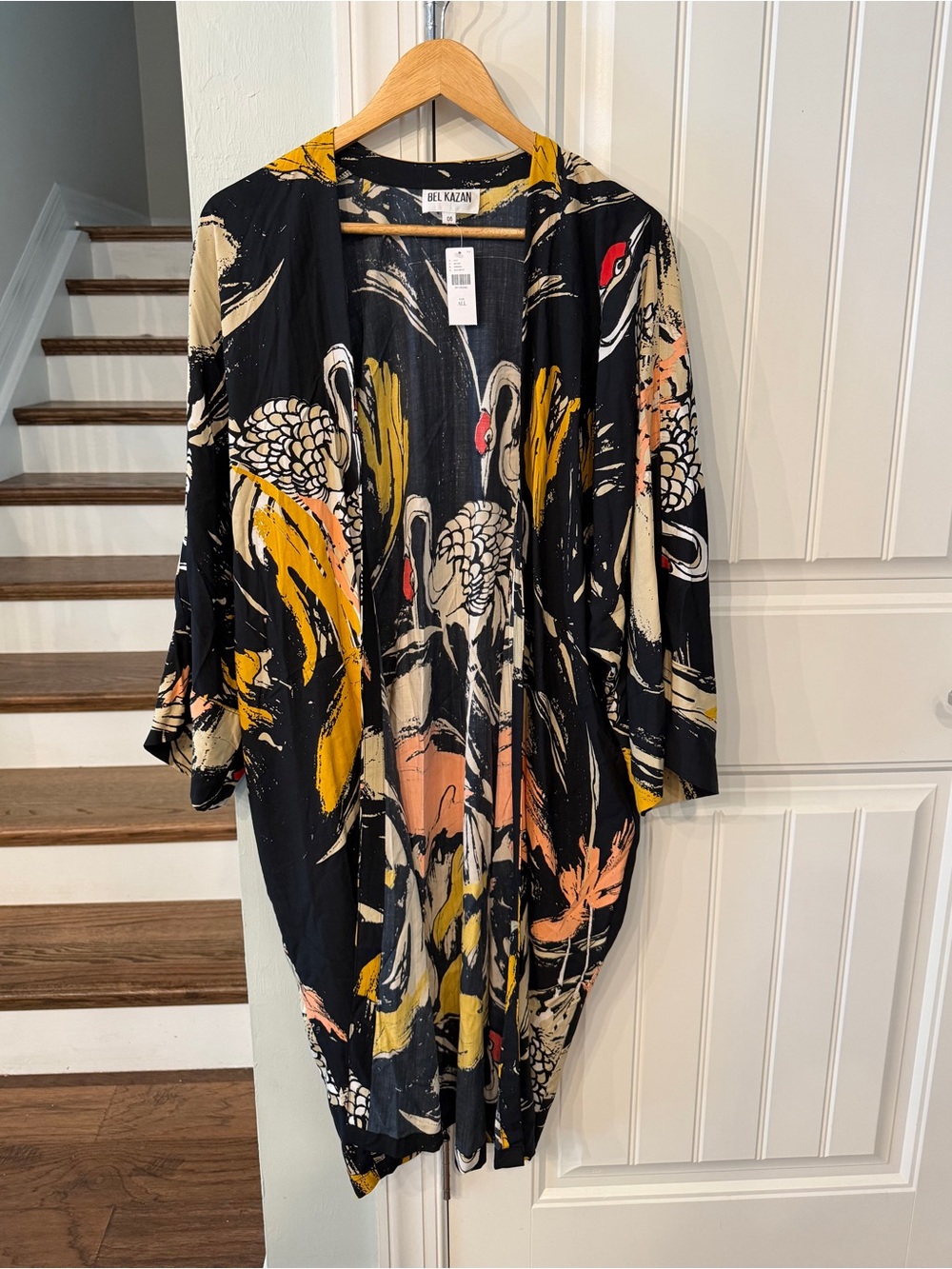 Anthropologie Bel Kazan Black Floral Crane Duster with Mustard Accents One Size